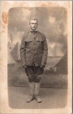 1910s WWI Military Photo RPPC Postcard Young Soldier / Army Tents Background picture