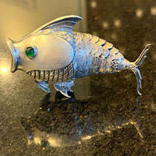 Silver Metal Fish Figurine w/ Green Eyes, 4 in Long, Animals Theme, 1 Pack picture
