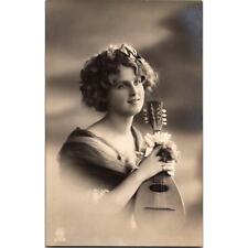 Vintage Edwardian Postcard Beautiful Woman with Mandolin and Flowers 1900's picture