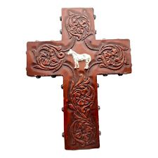 Rustic Tooled Leather Equestrian Horse Wall Hanging Cross Silver Studded Gift picture