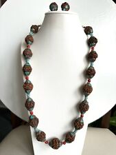 Vintage Rudraksha beads With Tibetan copper cap and Coral and Turquoise necklace picture