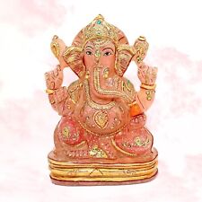 Gold Painted Rose Quartz Carving Ganesha Statue Healing Crystal Idol Ganesha ji picture