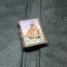 Antique Brass Enamel Match Safe Vesta Hand Painted Sailing Ship Nautical picture