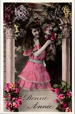 Hand Colored New Year Real Photo Postcard Young Woman Flowers Bonne Anne picture