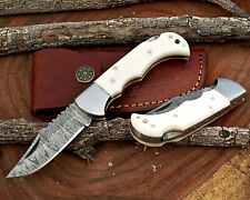 Damascus handmade Back Lock Folding Pocket knife Camping Hunting Knife Pouch picture