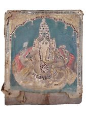 Old Vintage God Ganesh Rare Gold & Glass Fitted Work Cloth Painting Wooden Frame picture