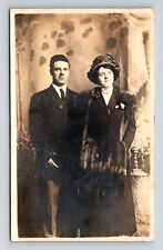 1912 RPPC Handsome Young Man & Woman Fur Muff & Coat Valparaiso IN Postcard picture