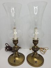 PAIR Vtg Antique Etched Glass Hurricane Mantle Boudoir Ornate Brass Lamps Candle picture