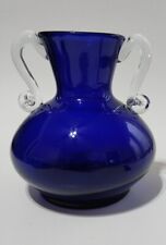 Vi Tage 7 In. Cobalt Blue Art Glass Hand Blown Vase With Clear Handles. picture
