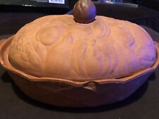 Vintage Terra Cotta Glazed Covered Baking Dish Small Chip picture