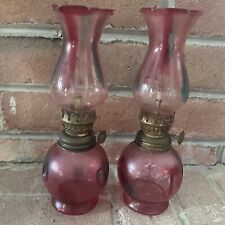 VTG Pair of Kerosene Glass Oil Lamp with Original Chimneys-Collectible~ 8” Tall picture