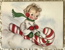 Unused Christmas Child Candy Cane Sled Reproduction Vtg Greeting Card 1970s picture
