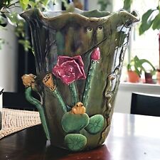 Majolica 1930's Pottery Large Vase Applied Frog Lotus Flower Lily Pad 13