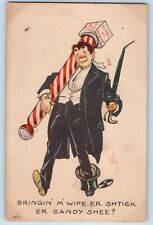 Wall Signed Artist Postcard Comic Humor Drunk Man With Barber Pole c1910's picture