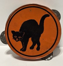 1950s VINTAGE HALLOWEEN TIN TAMBOURINE / NOISE MAKER KIRCHHOFF BLACK CAT picture