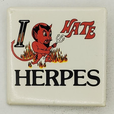 Vintage 1983 Nikry Novelties I Hate Herpes Square Pinback Button Red Devil picture