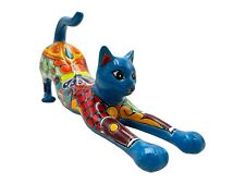 Talavera Cat Stretching Cute Folk Art Mexican Pottery Hand Painted Length 17.25