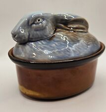 Vintage Secla Blue Nesting Rabbit Portugal Glazed Ceramic Pottery Oval Tureen picture