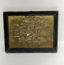Vintage / Antique Brass Embossed 3D Wall Art Framed Village Town People 8” x 6” picture