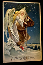 Long Brown Robe~Santa Claus in Snow with Angel~Antique~Christmas Postcard~k321 picture