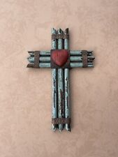 Turquoise Rustic Wood Log Wall Cross with Red Heart - Hand Embellished picture