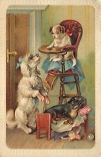 Embossed Dog Postcard Anthropomorphic Poodle & Dachshund, Puppy in High Chair picture
