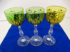 Wine Glasses Crystal Green Bowl Gold Trim Vintage Set of 3, 7.5