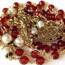Gold Wire Wrapped Red Agate &11-12mm Real Pearl Beads Rosary Crucifix Necklace picture
