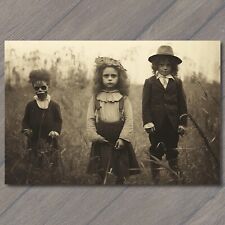 👻 POSTCARD Weird Creepy Vintage Children Halloween Cult Unusual Mask Kids picture