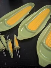Vintage Corn on the Cob Serving Dishes Plates Holders Plastic Set 3 Green Yellow picture