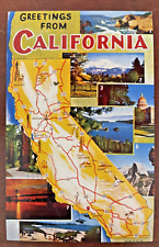 CALIFORNIA Old Postcard State Map Bakersfield Sacramento Fresno Redwood Trees PM picture