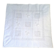 Vintage Linen Tablecloth Square White Embroidered Floral Greek Key Tea Small 32