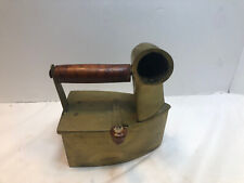 Antique Vintage Brass Coal Steam Iron with Wood Handle Primitive picture