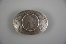 Morgan Silver Dollar Coin 1886 in Hand Engraved Oval Silver Western Belt Buckle picture
