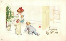 Girl Baby Dog Vintage Christmas Postcard LSC Candles Bow Bed Joyous 259E picture