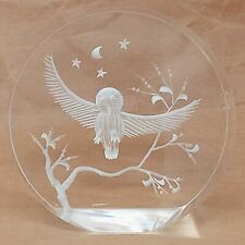 Acrylic Round Paperweight Owl w/ branch flowers moon stars Clear etched lucite picture