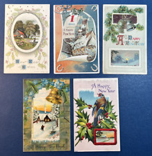 New Year Mixture 5 Antique Postcards, EMB, Gold Trim. Scenes, Bird, Bell picture