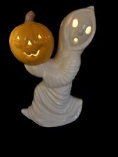 Hand Painted Ceramic Halloween Sculpture 12” Ghost With Pumpkin From Vintage picture