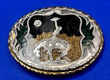 Quality Inlaid Mixed Mother Of Pearl Moon Horseback Cowboys Belt Buckle picture