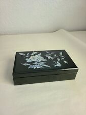 Vintage Asian Black Laquer Box Mother Of Pearl Inlay Red Velvet Jewelry Trinket  picture