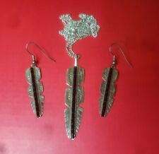 Native Amercian sterling silver feather jewelry earrings and pendant set signed  picture