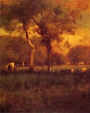 Oil painting George-Inness-California sunset village landscape with cows canvas picture