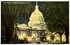U.S. Capitol Building at Night Washington D.C. Exterior Linen Vintage Postcard picture