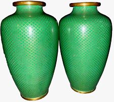 TWO ANTIQUE CHINESE CLOISONNÉ GREEN VASES WITH A SCALES & RUYIS DESIGN PATTERN picture