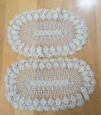 2 Vintage Ecru Hand Crochet Oval Doilies 9.75