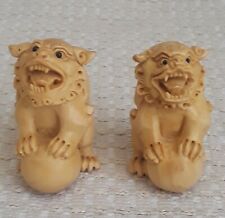 Rare Vintage Chinese Boxwood Fu Foo Dog Lions Statue Set Pair Hand Carved(M01) picture