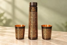 Ayurvedic Copper Water Bottle Gift Set with 2 Glasses Vintage Style Fastship picture