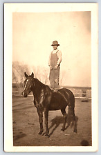 Antique RPPC Farm Boy Standing on top of Handsome Horse A25 picture