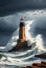 Rogue Wave Strikes Lighthouse - Dramatic Storm Wall Art Print picture