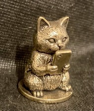 Cute Cat Using a Cellphone 1 1/2" Brass Handcrafted Figurine picture